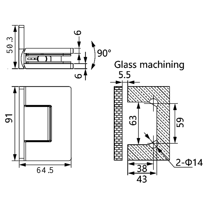 SCH002 hinge dimensions and glass machining drawing
