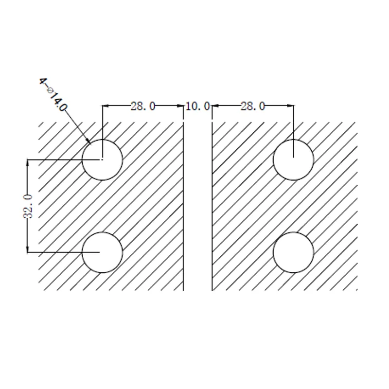 LSH012 and LSH016 glass drilling: four 14 mm holes, 32 mm vertical centres, 28 mm edge offsets and 10 mm glass gap