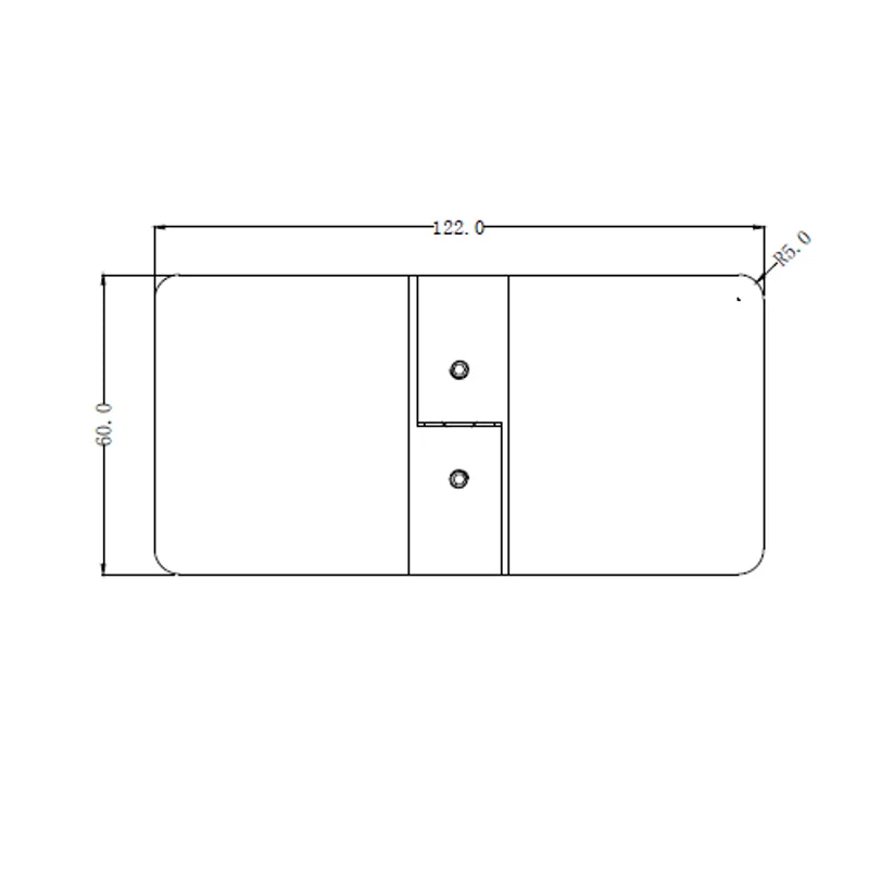 LSH012 and LSH016 compact glass-to-glass lifting hinge dimensions: 122 by 60 mm with R6 corners
