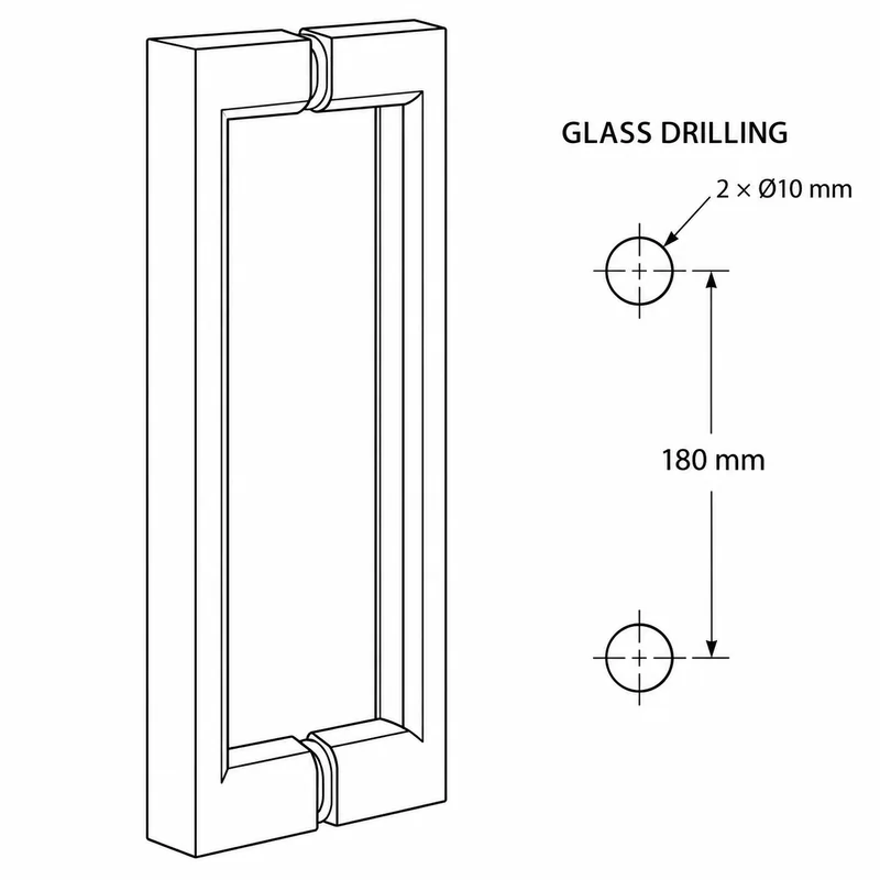 ZDK07 rectangular shower door handle and glass drilling diagram: 180 mm hole centres, two 10 mm diameter holes