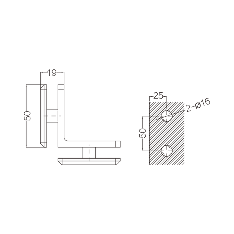 GCH series 90 degree glass-to-glass bracket dimensions and glass drilling: two 16 mm holes, 50 mm centres