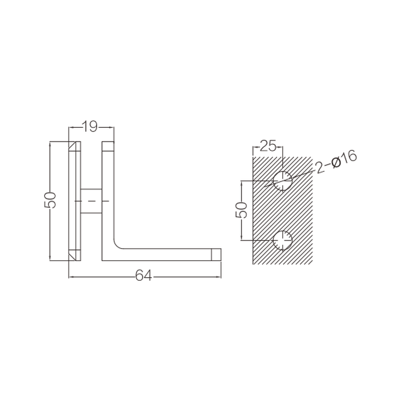 GCH series 90 degree wall-to-glass bracket dimensions and glass drilling: two 16 mm holes, 50 mm centres