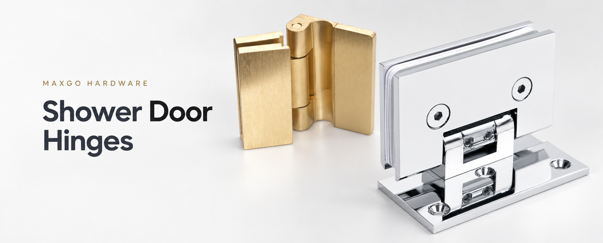 MAXGO shower door hinges in chrome and gold finishes