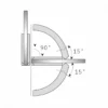 90 degree glass-to-glass shower hinge motion diagram showing a 15 degree self-centering range