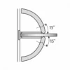Wall-to-glass shower hinge motion diagram showing a 15 degree self-centering range
