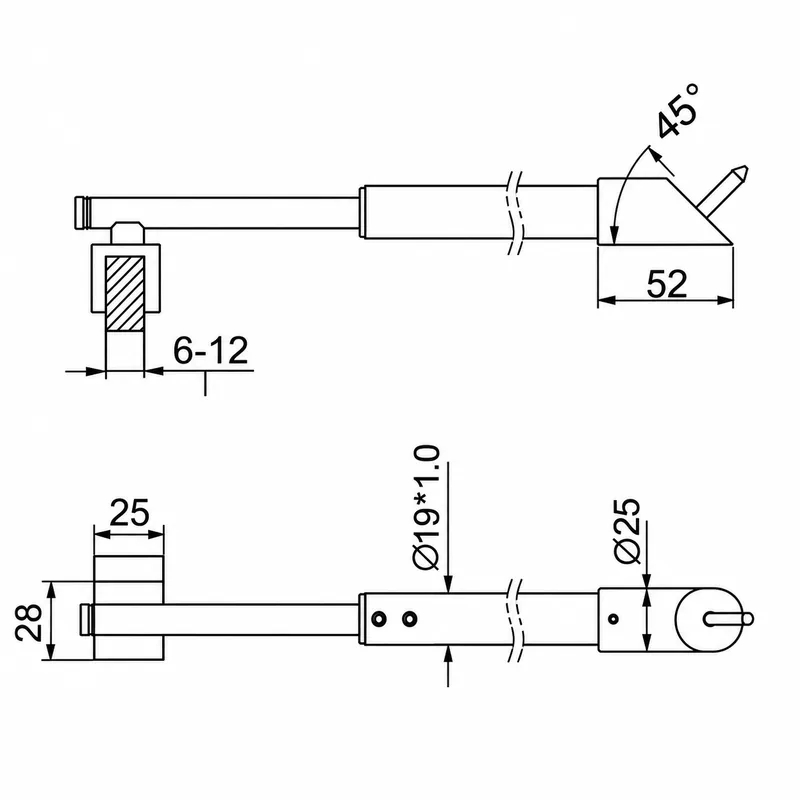 SUP04 adjustable shower glass support bar, 45° wall fitting, dimension drawing