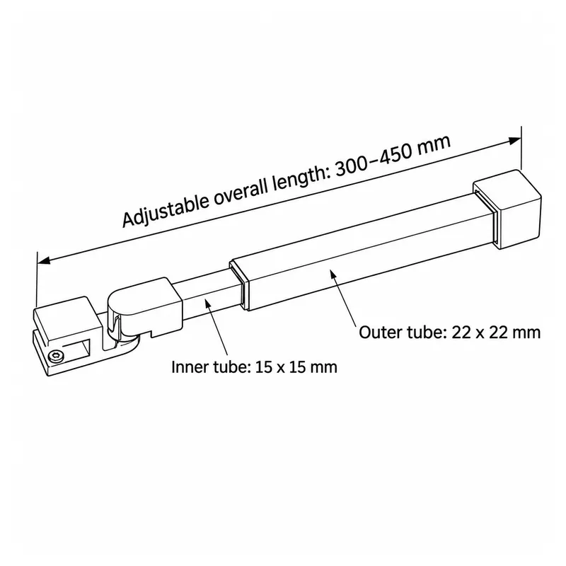 SUP62 ceiling support bar dimension drawing: 300–450 mm overall length, 15 x 15 mm inner tube and 22 x 22 mm outer tube