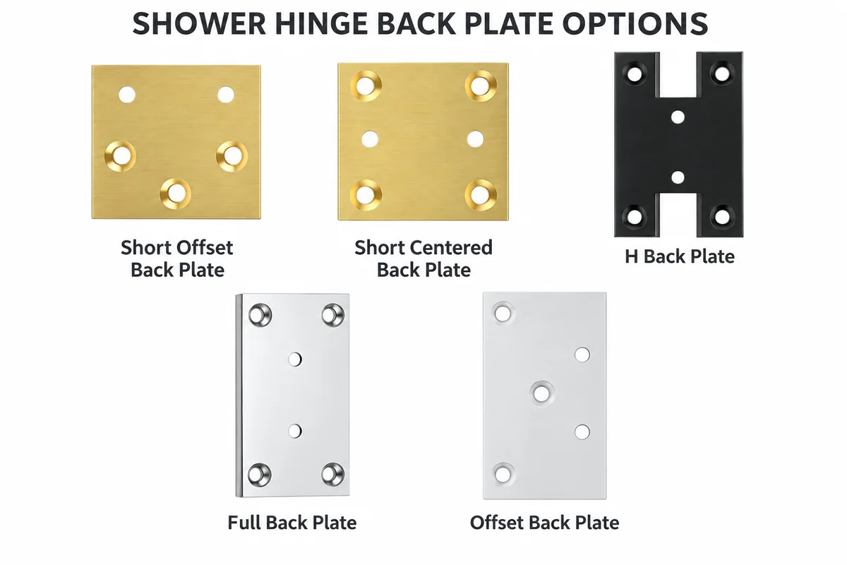Five shower hinge back plate options: short offset, short centered, H, full and offset back plates