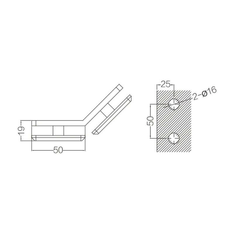 GCH series 135 degree glass-to-glass bracket dimensions and glass drilling: two 16 mm holes, 50 mm centres