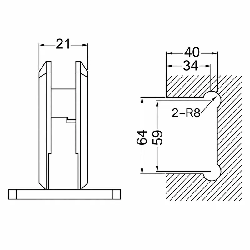GCH002 and GCH202 wall mount glass bracket dimension and glass cutout drawing: 21, 40, 34, 64, 59 mm and 2-R8