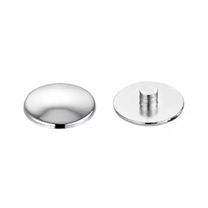Polished chrome plastic decorative screw cover cap, front and rear views