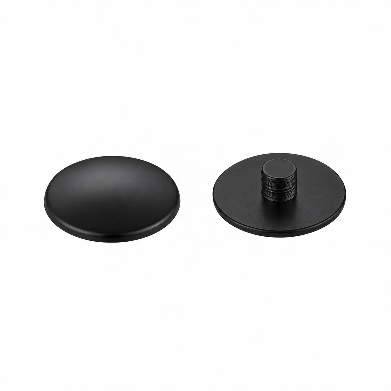 Matte black plastic decorative screw cover cap, front and rear views
