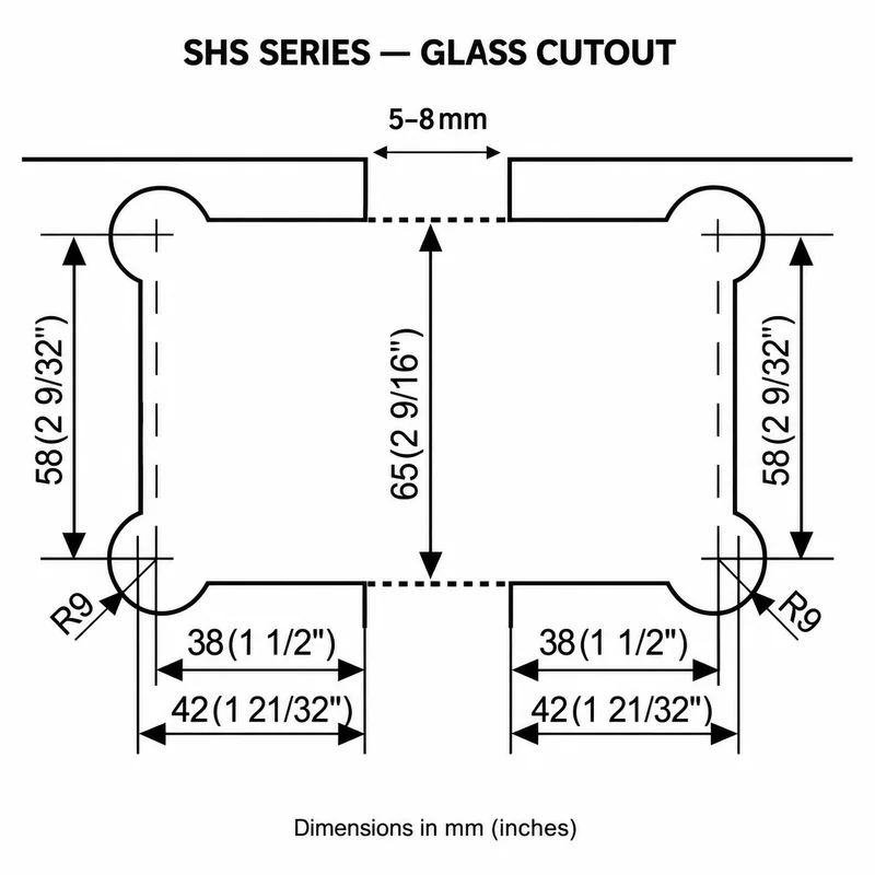 SHS glass cutout dimensions for 90 degree wall-to-glass and 180 degree glass-to-glass shower hinges